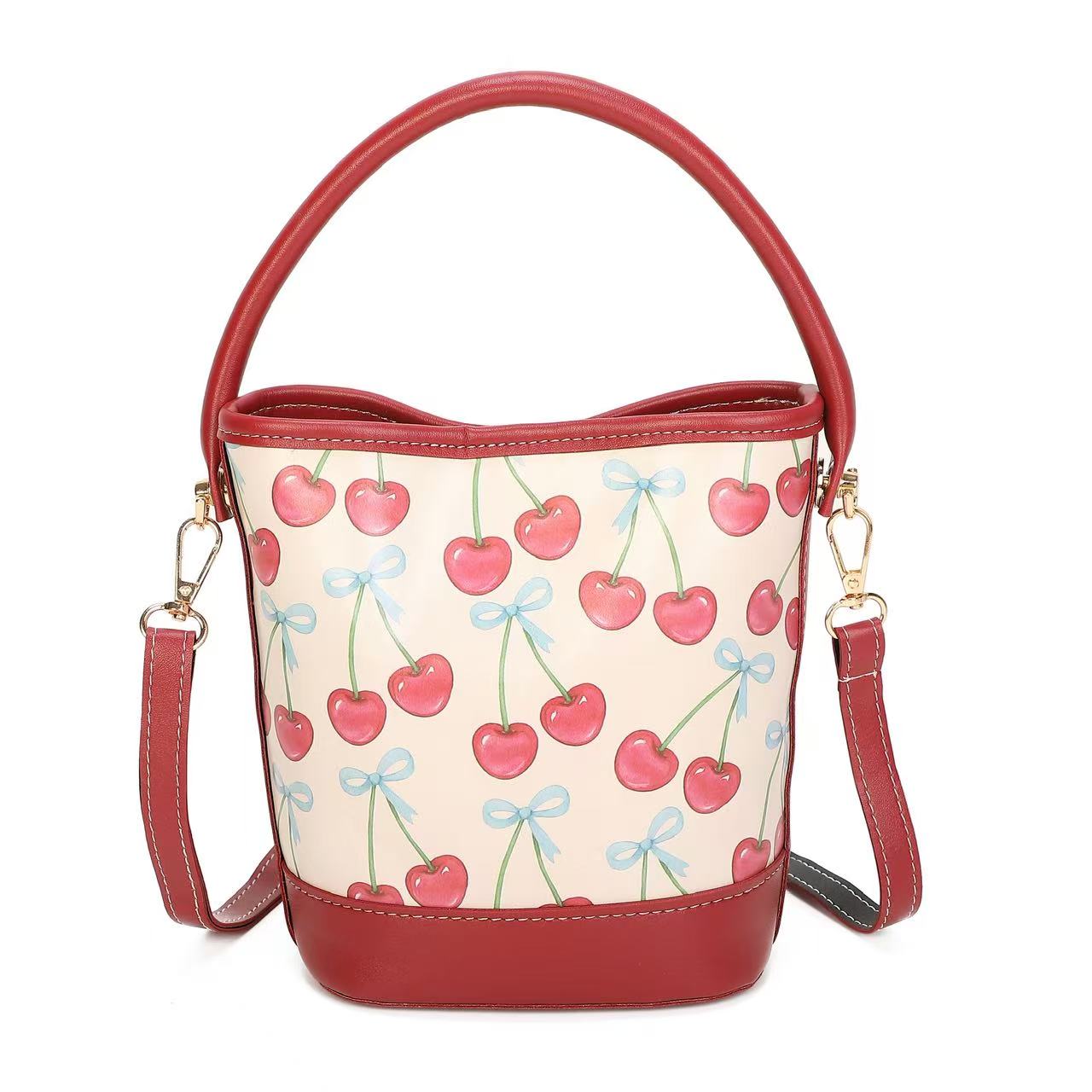 Cute Summer Printed Mini Bucket Bag for Women, Multi Pattern Top Handle Crossbody Purse, Vintage Scenery Cherry Turtle Beach Handbag