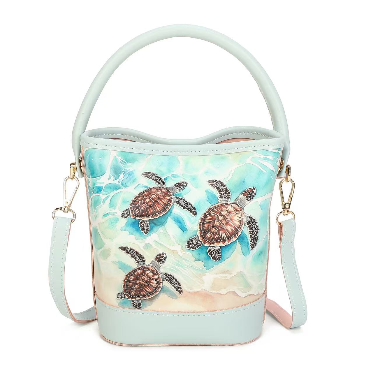 Cute Summer Printed Mini Bucket Bag for Women, Multi Pattern Top Handle Crossbody Purse, Vintage Scenery Cherry Turtle Beach Handbag