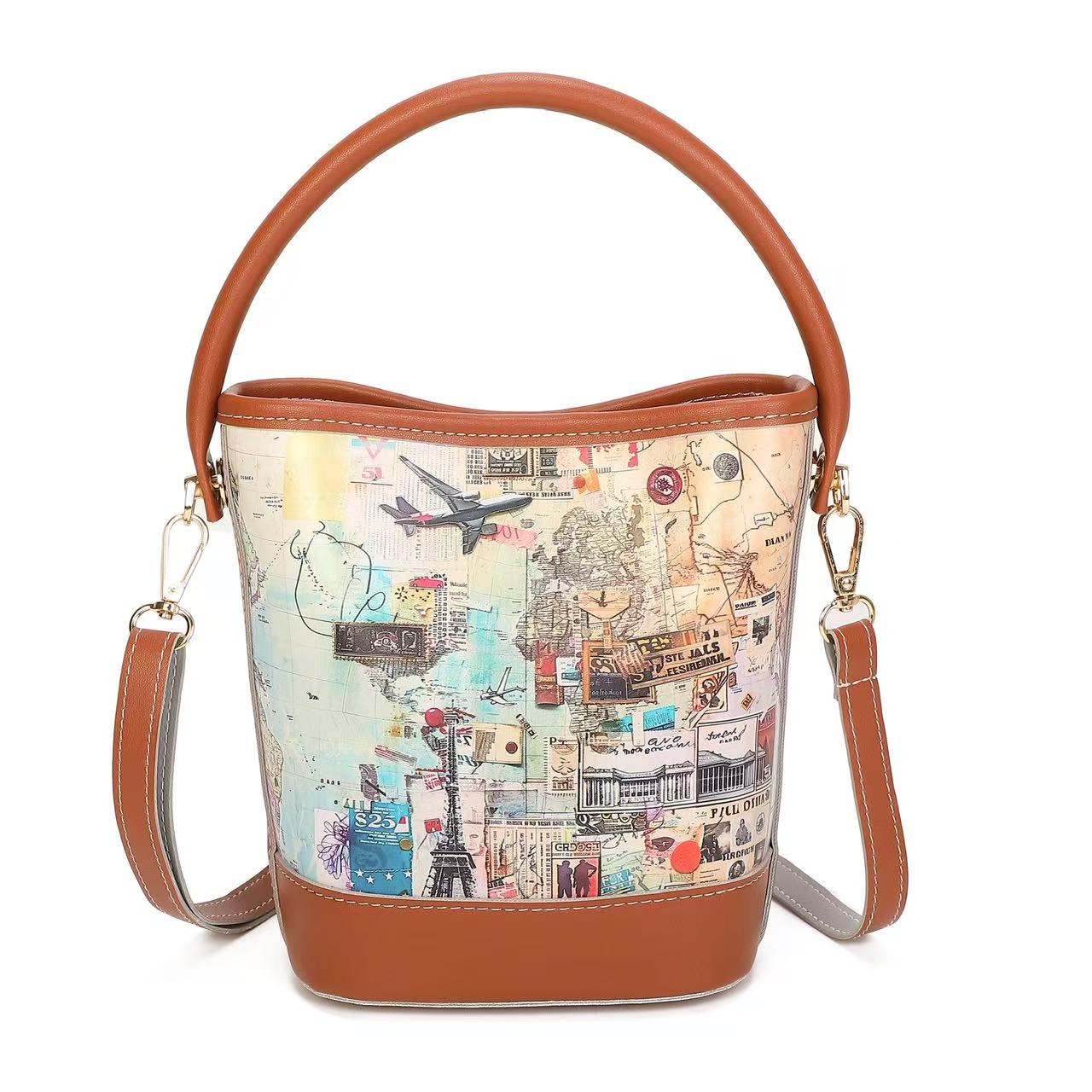 Cute Summer Printed Mini Bucket Bag for Women, Multi Pattern Top Handle Crossbody Purse, Vintage Scenery Cherry Turtle Beach Handbag