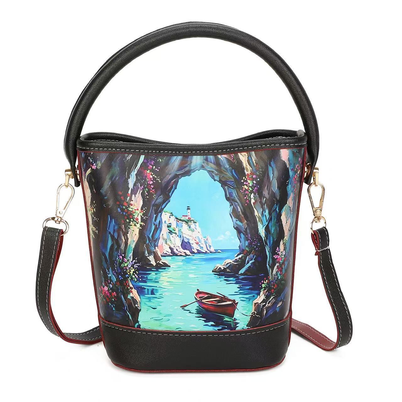 Cute Summer Printed Mini Bucket Bag for Women, Multi Pattern Top Handle Crossbody Purse, Vintage Scenery Cherry Turtle Beach Handbag