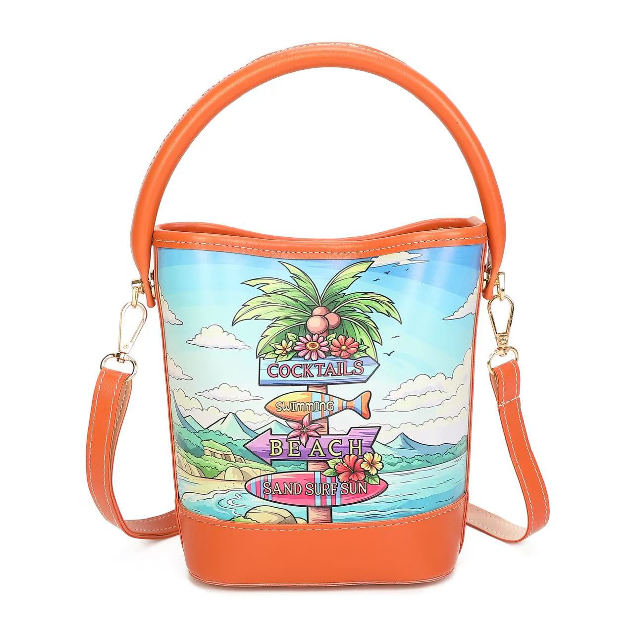 Cute Summer Printed Mini Bucket Bag for Women, Multi Pattern Top Handle Crossbody Purse, Vintage Scenery Cherry Turtle Beach Handbag