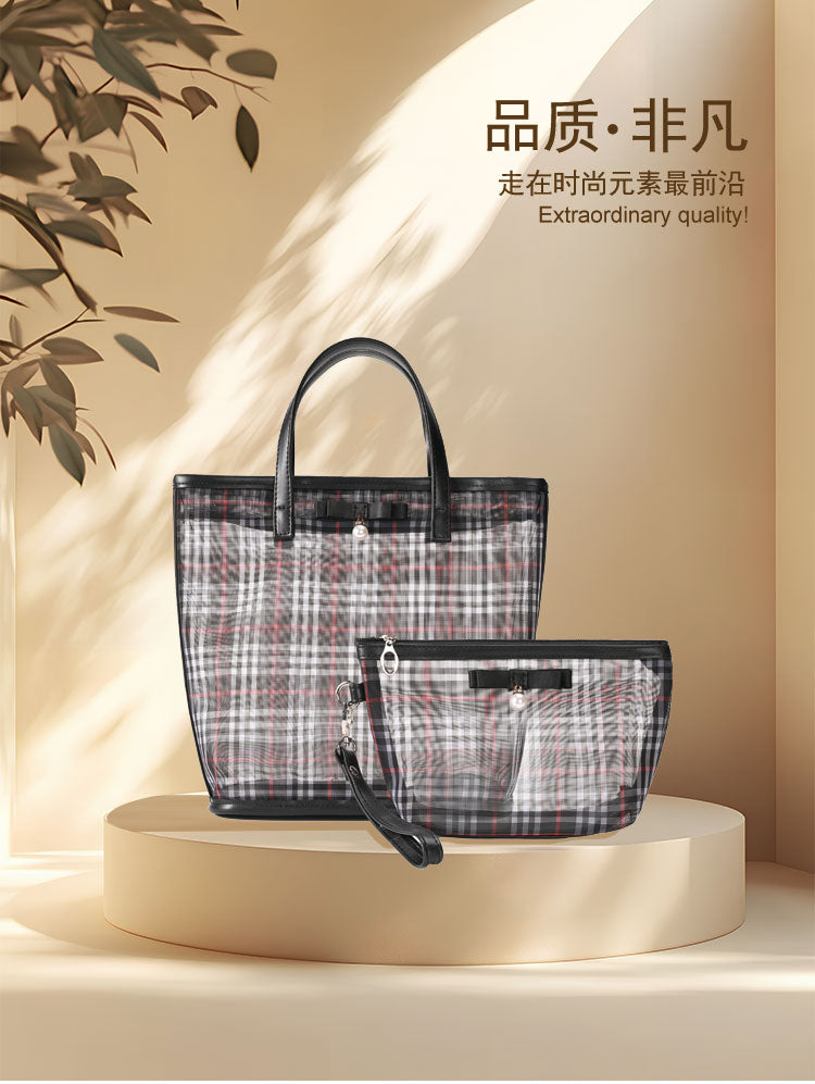 Mesh grid tote bag + cosmetic bag